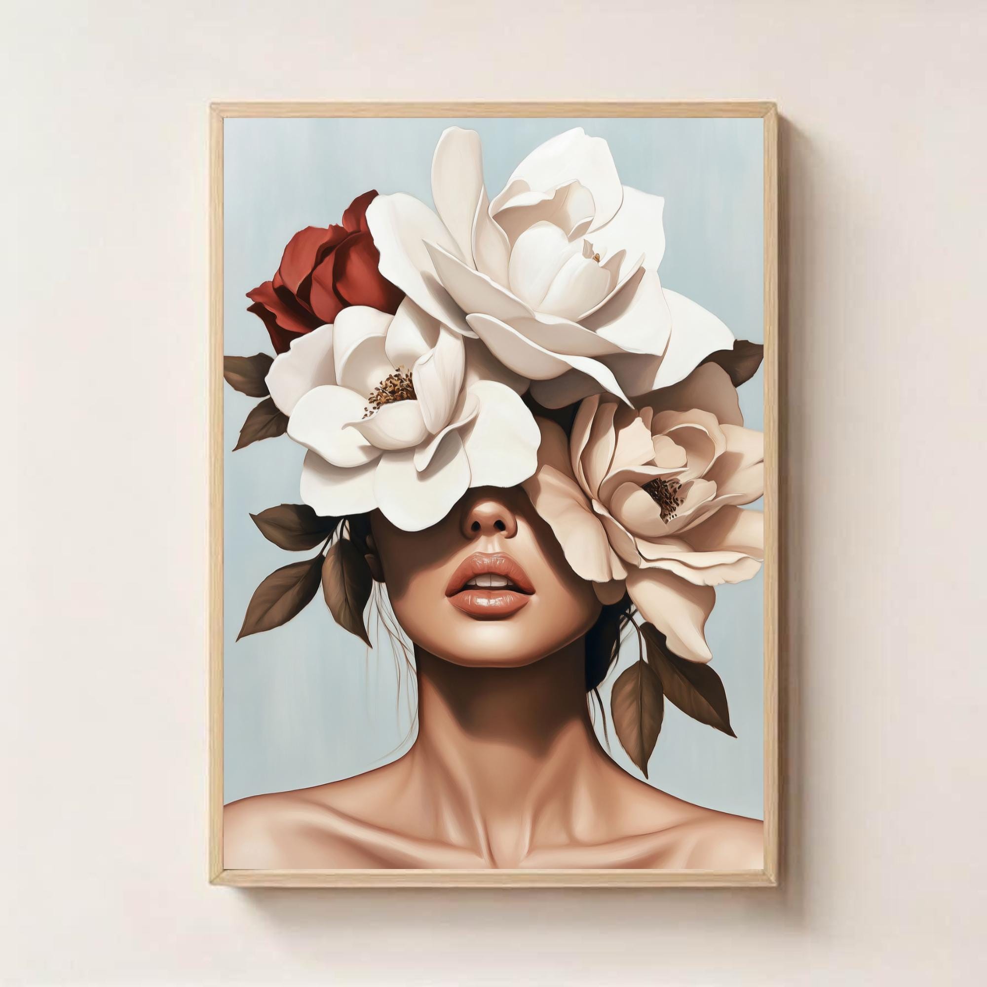 Bold Woman With Flower Crown Wall Art | Modern Floral Portrait ...