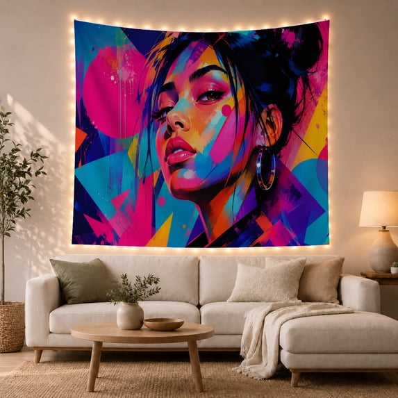 Bold Woman Portrait With Neon Graphic Color Blocks, Dramatic Retro Style for Art Lovers, Portrait Wall Art, Birthday Gift, Tapestry Wall Hanging for Bedroom and Dorm