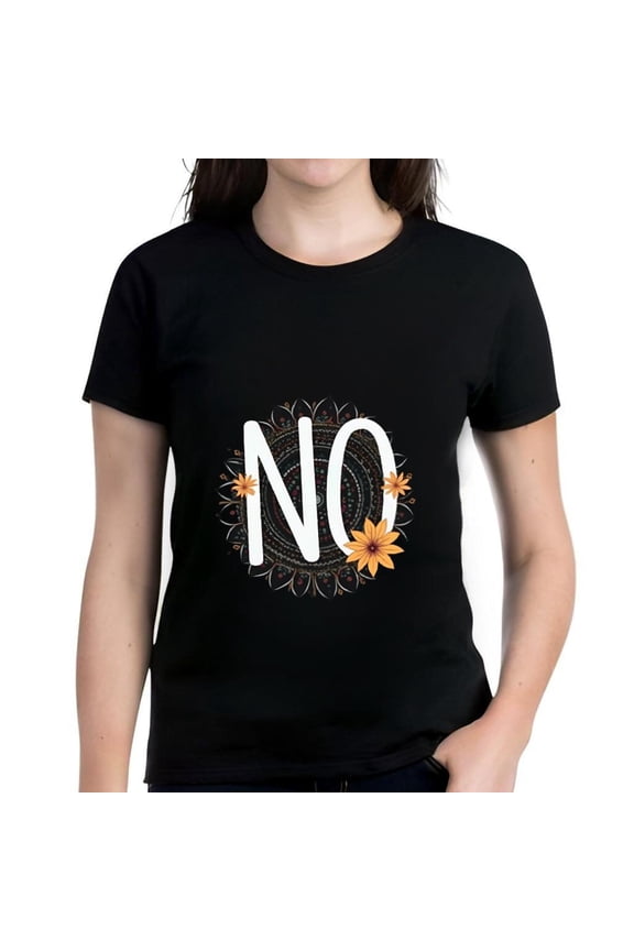 Bold Women's Cotton Short Sleeve T-Shirt with Intricate Design and " NO " Text in White and Orange