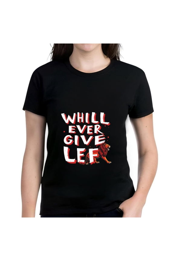 Bold Women's Cotton Short Sleeve T-Shirt with Roaring Lion Graphic and " WHILE GIVE LEF " Text - Eye-Catching Strength Design