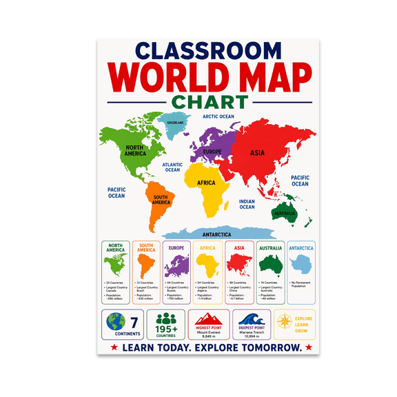 Bold World Map Wall Decor - Classroom Educators - 13x19 Poster Print
