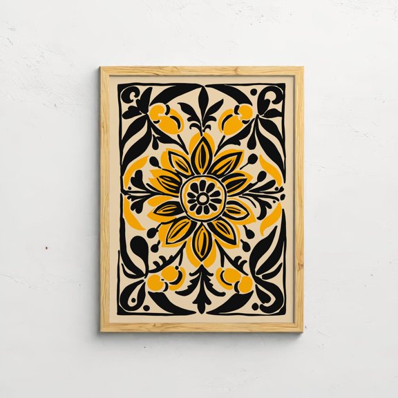 Bold Yellow Black Floral Retro Modern Decor Poster, Unframed Canvas 16x20in