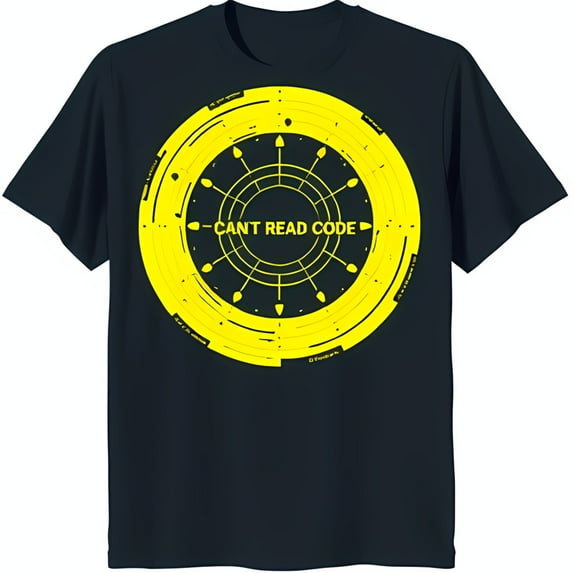 Bold Yellow 'CANT READ CODE' Design on Blue T-Shirt with Radiating Circles