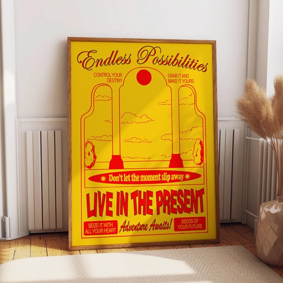 Bold Yellow Inspirational Poster – Endless Possibilities Print – Retro Minimalist Pillar Motivational Decor Wall Art, Modern Wall Decor, 8x12 UNFRAMED