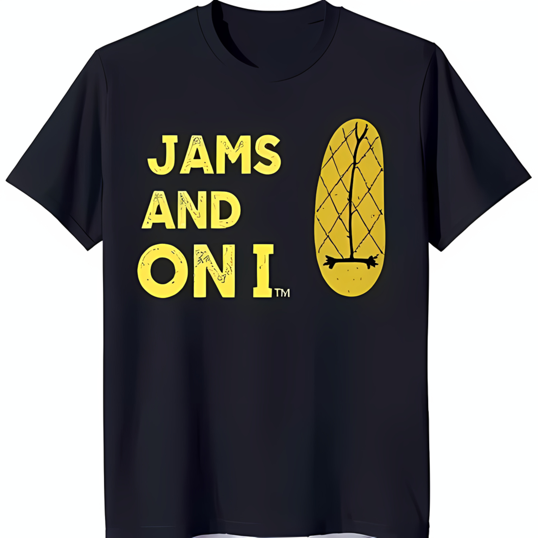 Bold Yellow 'JAMS AND ON I' Graphic Black TShirt with Corn Design