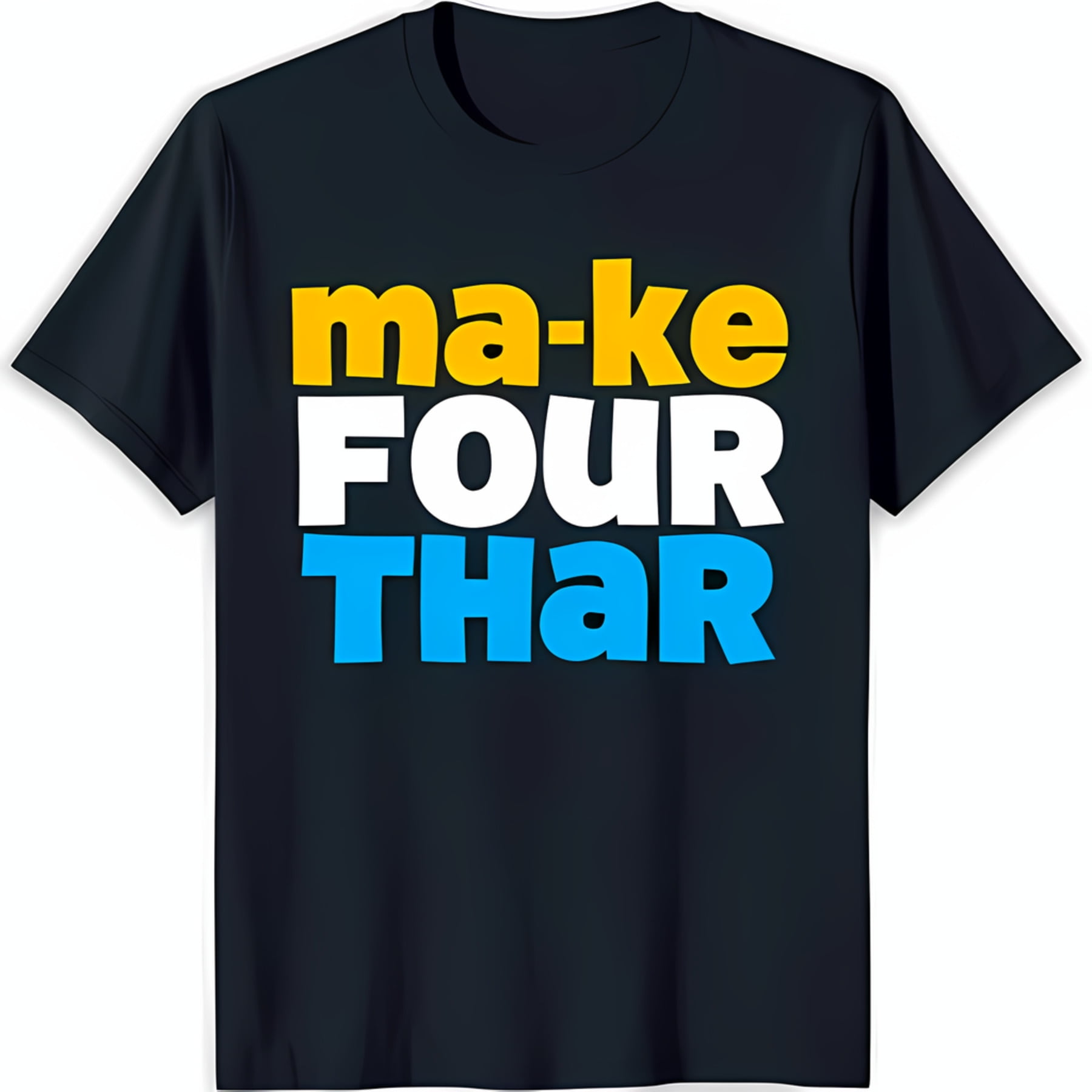 Bold Yellow & White Text Design on Dark Blue T-Shirt 'ma ke four thar ...