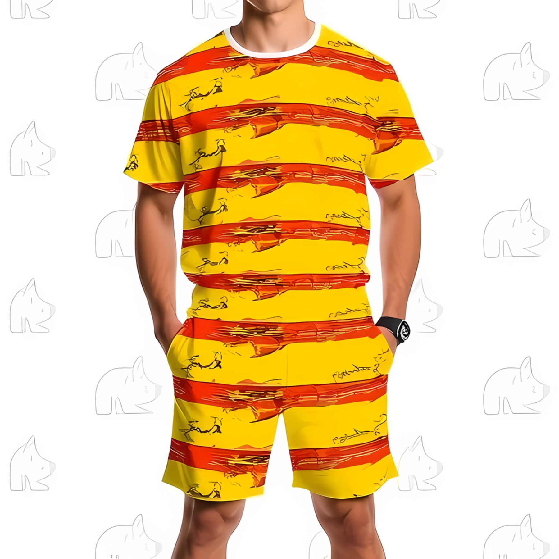 Bold Yellow and Red Striped Athletic T Shirt and Shorts Set Abstract Bold Yellow and Red Striped Athletic T Shirt and Shorts Set Abstract