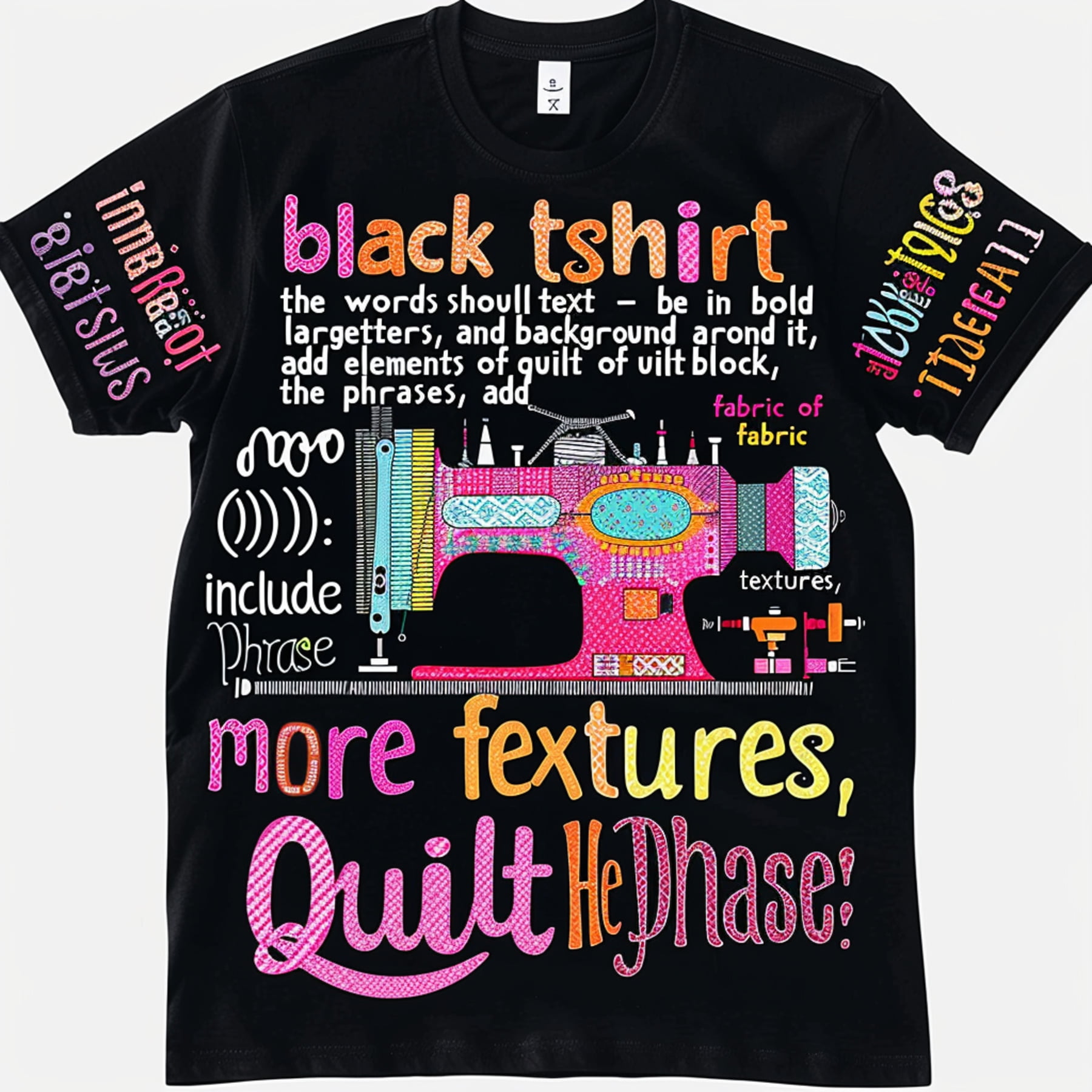 Bold and colorful 'Abandoned Longview ' text on black tee with sewing