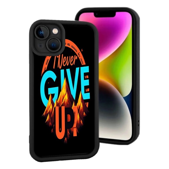 Bold iPhone 15 Case - Circular Track Design " I Never GIVE UP " in Orange & Blue Flame Accents Lightweight & Yellowing Resistant
