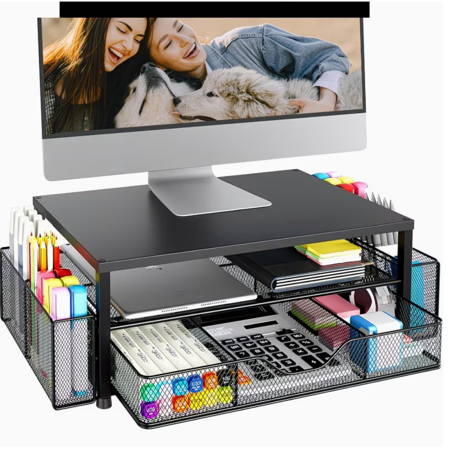 BoldDeco Monitor Stand Riser 2-Tier Metal Desk Organizer with Drawer Pen Holders for Computer Monitor Laptop Black
