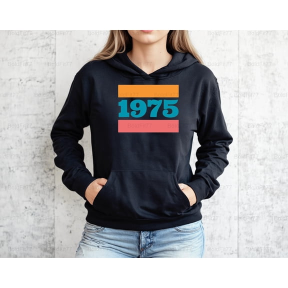 BoldFit77 Awesome Retro Born In 1975 Graphic, Vintage Birth Year Birthday Gift Style Hoodie, for Unisex, up to size 5XL.