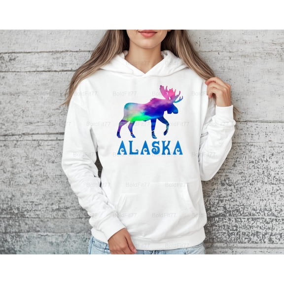 BoldFit78 Retro Alaska Moose Northern Lights Mountain Scene, Vintage State Wildlife Graphic Hoodie, for Unisex, up to size 5XL.