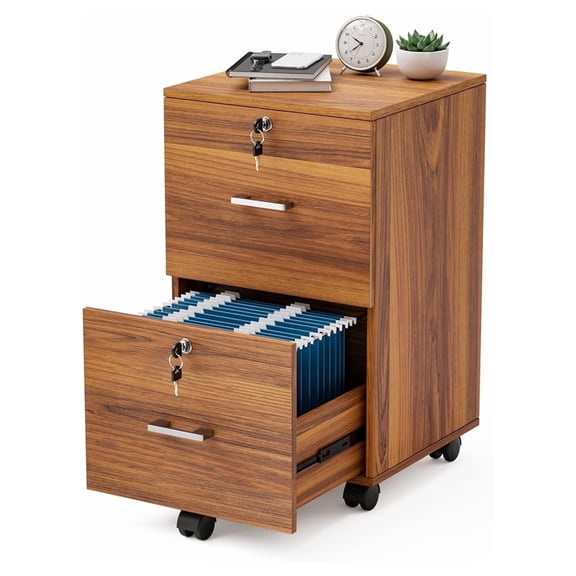 BoldGear 2-Drawer Rolling File Cabinet with Lock, Wood Mobile File Organization for Hanging Letter Size Filings Under Desk Filing Cabinets for Home Office, Assembly Required, Classic Walnut, 26.5" H