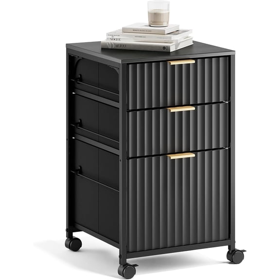 BoldGear 3 Drawer Fluted File Cabinet, Rolling File Cabinet Mobile Under Desk File Cabinet with Wheels, Fabric Drawers Printer Stand for Home Office, Fits Letter Size, Black