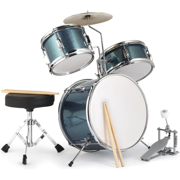 BoldGear 3-Piece Drum Set, 14 Inch Beginners Drums Kit with Throne Stool, Pedal & 2 Pairs of Drumsticks, Junior Drums Set Musical Instruments W/Cymbal, Tom, and Snare Drum,Blue
