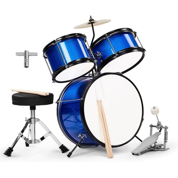 BoldGear 3-Piece Drum Set, 14 Inch Beginners Drums Kit with Throne Stool, Pedal & 2 Pairs of Drumsticks, Junior Drums Set Musical Instruments W/Cymbal, Tom, and Snare Drum,Dark Blue