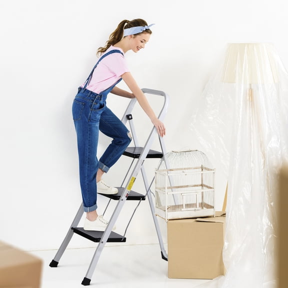 BoldGear 3 Step Ladder Folding Step Stool with Wide Anti-Slip Pedal, Convenient Handgrip, Portable Steel Step Stool, 300 lbs Sturdy Steel Ladder for Household and Office, White