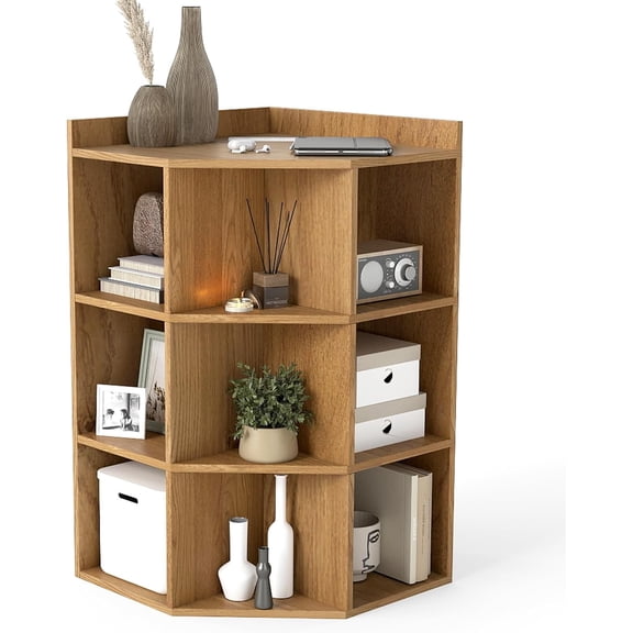 BoldGear 3-Tier Corner Cabinet with Charging Station, Corner Shelf with 9 Cubbies, 1 USB Port & 1 Type-C Port, 4 Outlets,Cube Bookshelf,Storage Organizer for Small Spaces,Playroom,Living Room,Natural