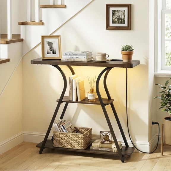 BoldGear 32" Console Table with LED Lights, 3-Tier Narrow Entryway Table,Storage & Charging Station, Heavy-Duty Metal Frame, Accent Entry Sofa Table for Living Room Hallway,Rustic Brown