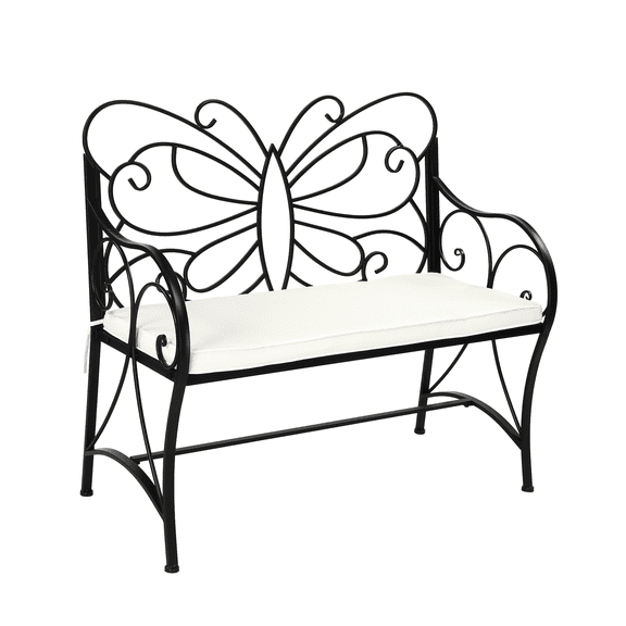 BoldGear 38.7in Cast Iron Outdoor Bench with Cushion, All Weather Resistant Metal Bench with Curved Armrests and Butterfly Pattern Backrest, 1-2 Person Patio Bench for Garden Porch Park Yard,Black