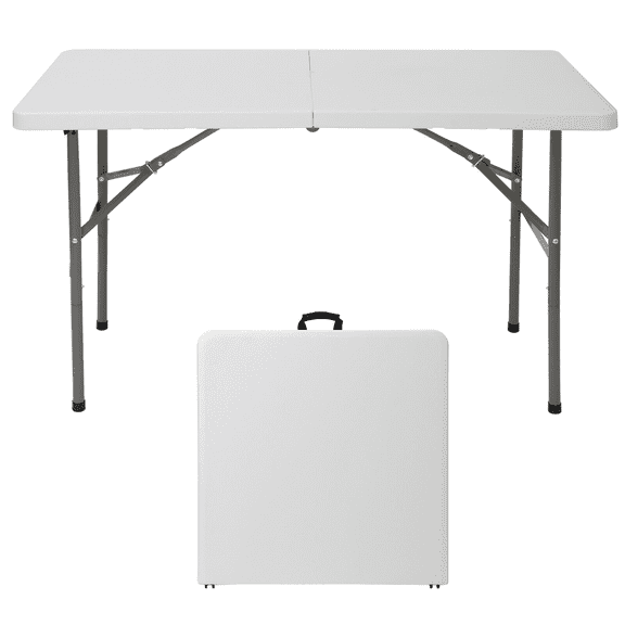 BoldGear 4ft Folding Table, Indoor Outdoor Portable Plastic Picnic Table, Heavy Duty Rectangular Party Camping Dining Table with Carrying Handle,White