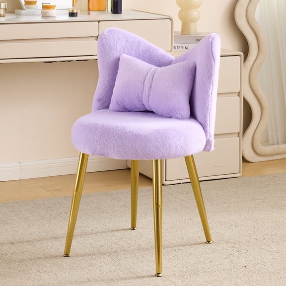 BoldGear Butterfly Vanity Chair, Movable Bow Pillow, Faux Rabbit Fur Upholstered, Golden Adjustable Legs, For Living Room, Bedroom, Home Office, Study Room,Purple