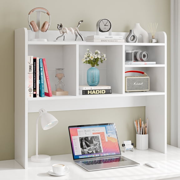 BoldGear Desktop Bookshelf, Countertop Storage Hutch with 4 Shelves for Computer Desk, 2-Tier Display Rack, Multipurpose Wood Desk Hutch Storage Organizer for Home Office Dorm, White