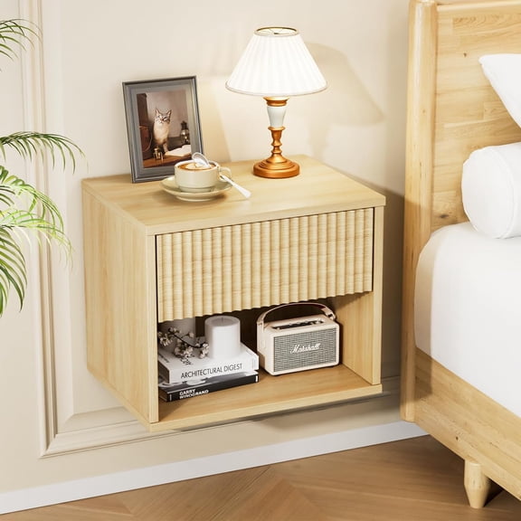 BoldGear Floating Nightstand Fluted Night Stand 1 Drawer Bed Side Table, Storage Oak Nightstand with Drawers, Wood Night Stand End Table for Bedroom, 15.75" W x 11.81" D x 12.83" H