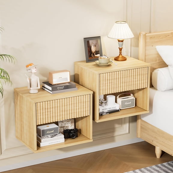 BoldGear Floating Nightstand Set of 2 Fluted Nightstands with 1 Drawer, Oak Night Stand for Bedroom, Wood Bed Side Table, Fluted Nightstand End Table for Bedroom and Living Room
