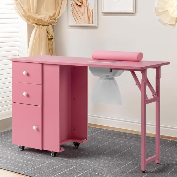 BoldGear Foldable Manicure Table Nail Table for Nail Tech, Nail Desk Station Makeup Beauty Salon Storage with Electric Dust Collector, Lockable Wheels, Wrist Cushion, Drawers & Cabinet,Pink
