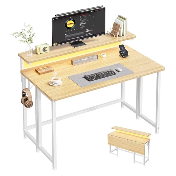 BoldGear Folding Table with RGB Light for Small Space, 39.4" Folding Computer Desk for Space Saving Sofa Table for Couch, Home Work Office Desk with Monitor Stand, Easy to Fold with Hooks,Oak