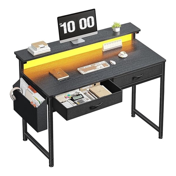 BoldGear Gaming Desk with LED Lights & 2 Fabric Drawers, 39.4Inch Home Office Computer Desk with Side Pocket & Ergonomic Monitor Stand, Small Space Study Writing Table with Anti-Tip Design,Black