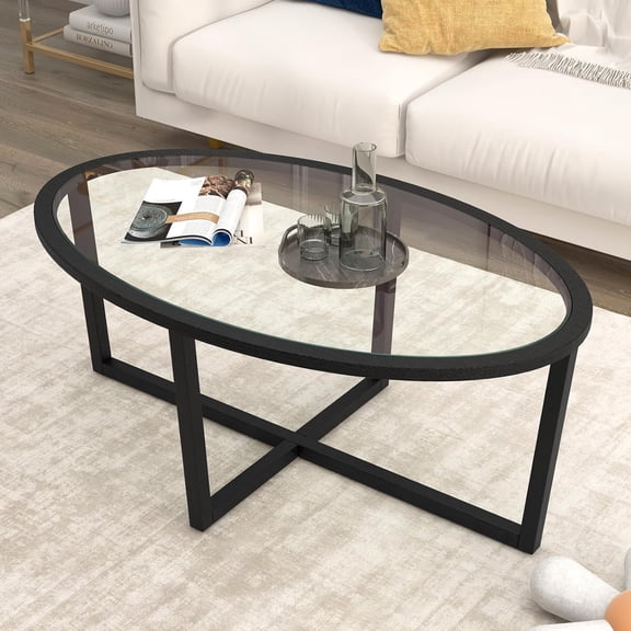 BoldGear Glass Coffee Table, 46.5" Oval Accent Sofa Tea Table with Tempered Glass Top, Cross Base & Acacia Wood Legs, Simple Modern Cocktail Center Table for Living Room Home Office, Black