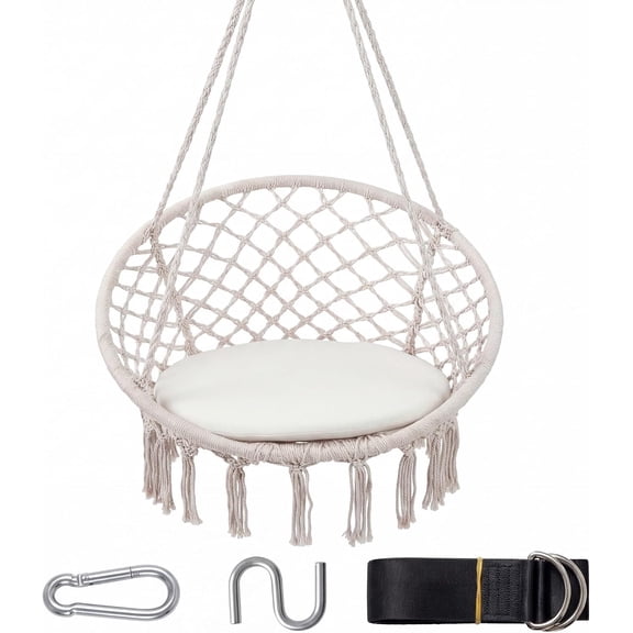 BoldGear Hammock Chair Macrame Swing, Boho Swing Chair with Round Seat Cushion and Hardware Kit, 330 lbs Capacity, Indoor & Outdoor Hanging Chair for Bedroom Balcony Patio Living Room (Beige)