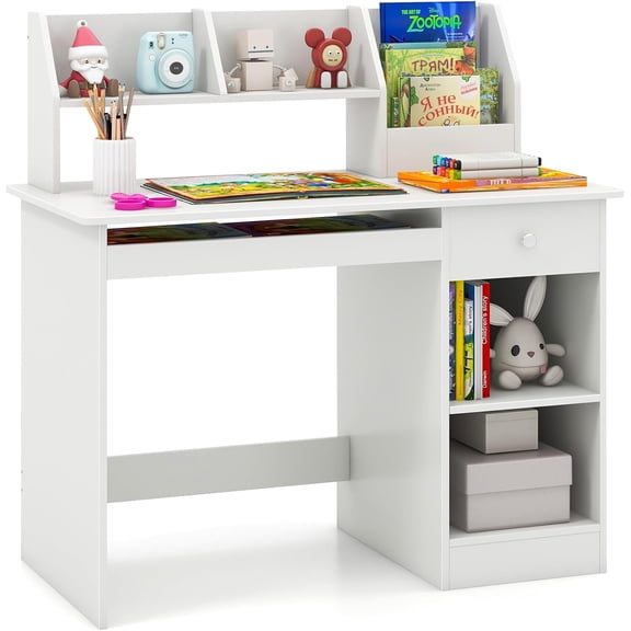 BoldGear Kids Study Desk, Children Wooden Writing Table with Hutch, Bookshelf, Drawer, Keyboard Tray, Storage Shelves, White Student Computer Desk Workstation for Home School Use, Gift for Boys Girls