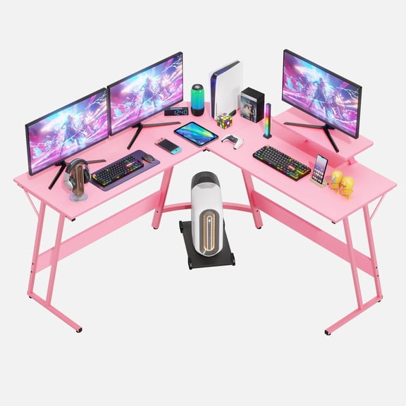 BoldGear | L-Shaped Corner Desk | Pink | Z-Shaped Design Computer Desk | Steel Frame, Removable Monitor Shelf, Adjustable Feet | Carbon Fiber Texture, Sweat & Waterproof | For Gaming, Home, Office