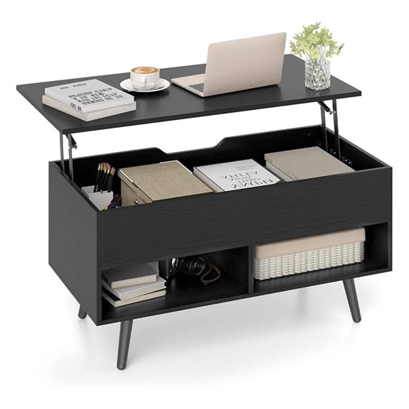 BoldGear Lift Top Coffee Table, Modern Cocktail Table w/Hidden Compartment & 2 Open Shelves, Flip Top Center Table, Wooden Pull up Coffee Table for Living Room, Reception Room, Office (Black)