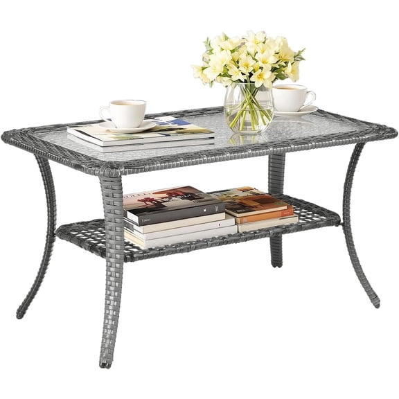 BoldGear Outdoor Coffee Table with Storage Wicker Patio Coffee Table, Tempered Glass Top Coffee Table for Patio Outside Balcony Porch Deck (Grey)