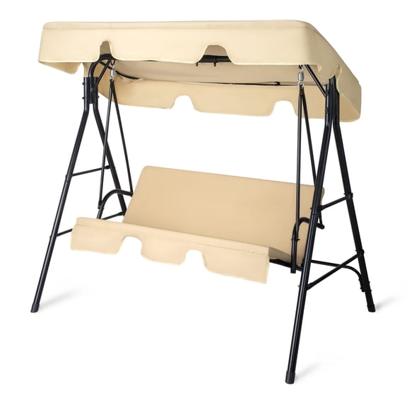 BoldGear Outdoor Porch Swing with Adjustable Canopy, Heavy Duty Powder-Coated Steel Frame Patio Glider Swing with Stand, All-Weather Outdoor Swing for Backyard, Garden, Lawn & Deck,Khaki