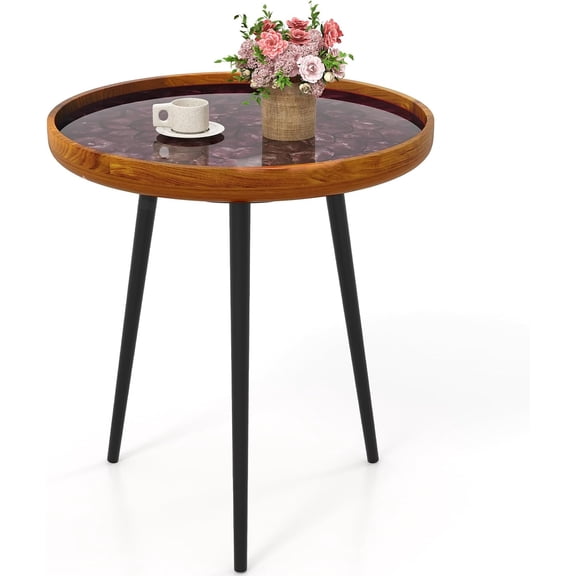 BoldGear Outdoor Side Table, Round End Table with Epoxy Resin Finish, Sea Shell Decoration, Mahogany Wood Frame, Tray Top, Patio Side Table for Living Room, Pool, Porch (Brown, 20” x 20” x 21.5”)