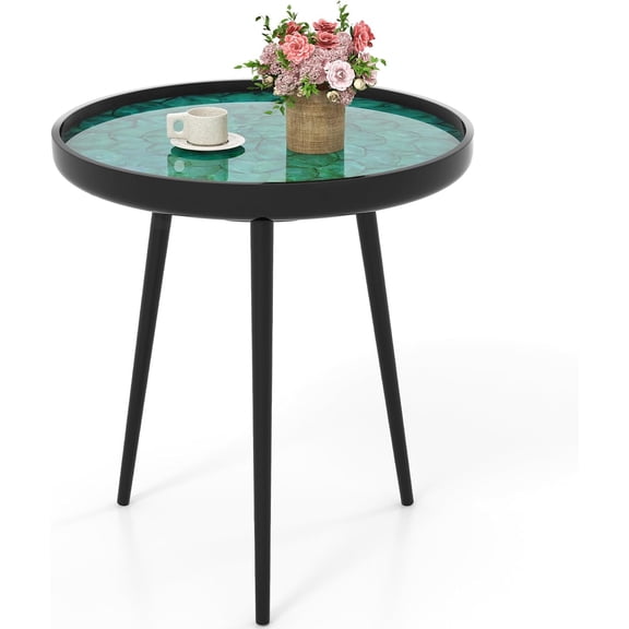 BoldGear Outdoor Side Table, Round End Table with Epoxy Resin Finish, Sea Shell Decoration, Mahogany Wood Frame, Tray Top, Patio Side Table for Living Room, Pool, Porch (Green, 20” x 20” x 21.5”)