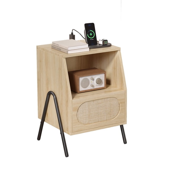 BoldGear Rattan Nightstand with Charging Station, Boho Nightstand Bedroom, Wood End Table with Drawers, Small Night Stand, Real Rattan Bed Side Table