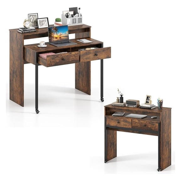 BoldGear Small Computer Desk with Hutch & Drawers, Extendable Writing Desk w/Pull Out Secondary Table, Monitor Stand & Rolling Wheels, Console Table, Compact Desk for Small Spaces (Rustic Brown)