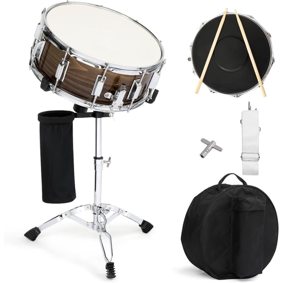 BoldGear Snare Drum Set 14X5.5 Inches for Student Beginners with Gig Bag, Drumsticks, Stand, Drum Keys, Coated Material Drum Head,Wood Color
