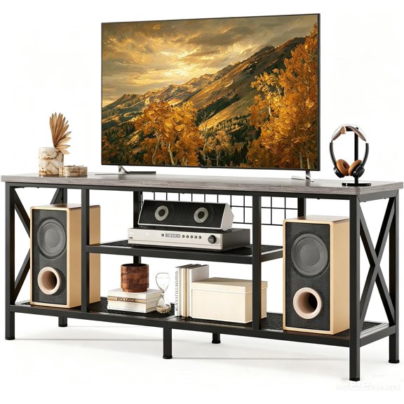 BoldGear TV Stand for 55-65 Inch TVs with Black Metal Frame, Tabletop-Grey | 3-Tier Industrial Media Entertainment Center, 59.8'' Solid Wood Table top for Living Room, Bedroom, Office,