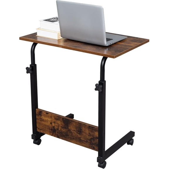 BoldGear TV Tray Bed Side Table, Portable Rolling Desk Hospital Bed Laptop Table, Small Standing Desk with Wheels Adjustable Height for Sofa, Bedside, Tablet Use, Secure Non Tilt, 23.6" W, Brown