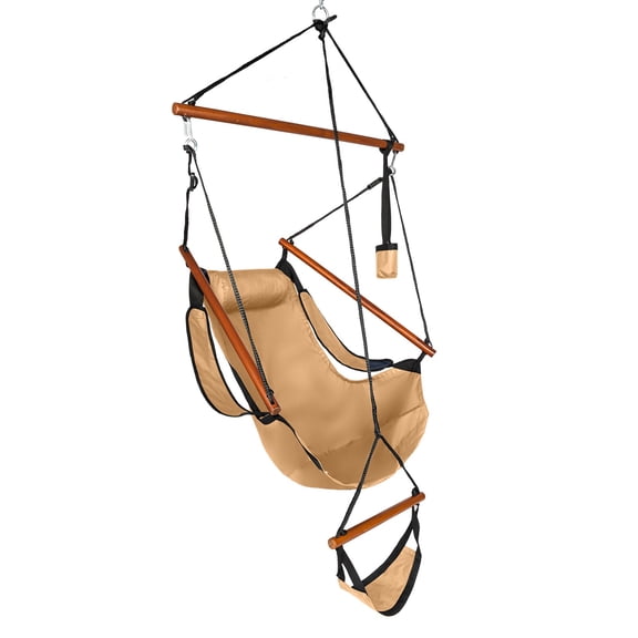 BoldGear Unique Hammock Sky Chair, Air Deluxe Hanging Swing Seat with Rope Through Beech Wood Bar Safer Relax with Drink Holder & Fuller Pillow for Indoor Outdoor Patio Yard 250LBS