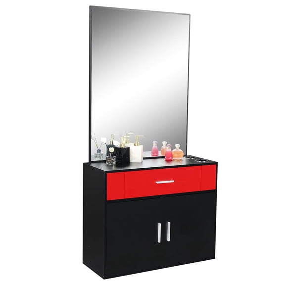 BoldGear Winado Wall Mount Salon Station - Barber Salon Station with Mirror, 1 Storage Cabinet, 2 Hair Dryer Holders for Hair Stylist Beauty Spa Equipment,Black/Red
