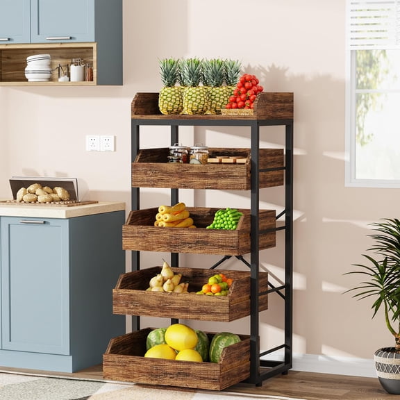 BoldGear Wood Fruit and Vegetable Storage Rack, 5-Tier Pull-Out Snack Stand Fruit Basket Stand, Utility Shelf Organizer for Kitchen, Living Room, Bedroom, Rustic Brown