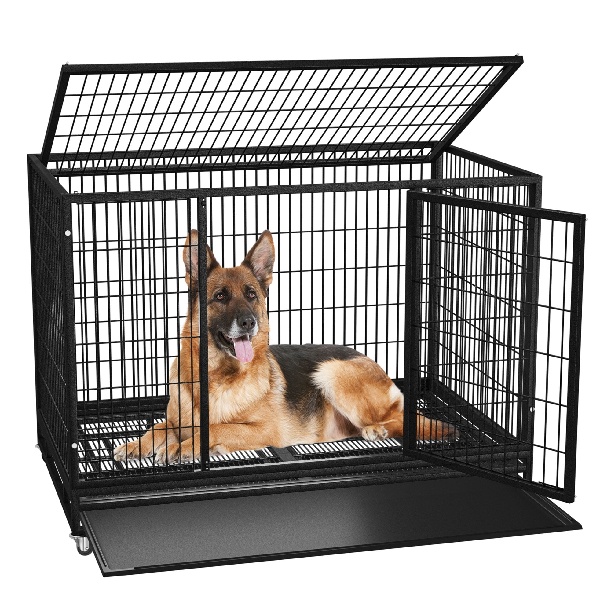 Large Black Heavy Duty Rolling Dog Crate with Tray